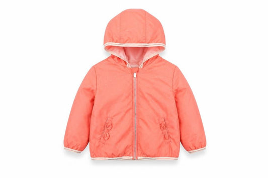 Front view of Carrément Beau girls’ pink puffer jacket 12-18 months, hooded
