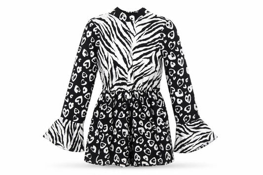 Front view of ASOS Women's Black White Animal Print Playsuit, size 8