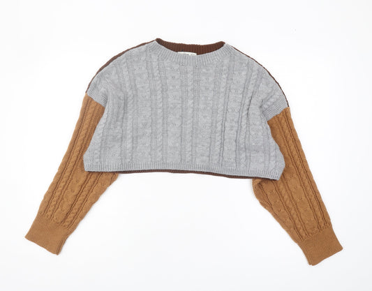 Stradivarius Women's Grey and Brown Cable-Knit Jumper