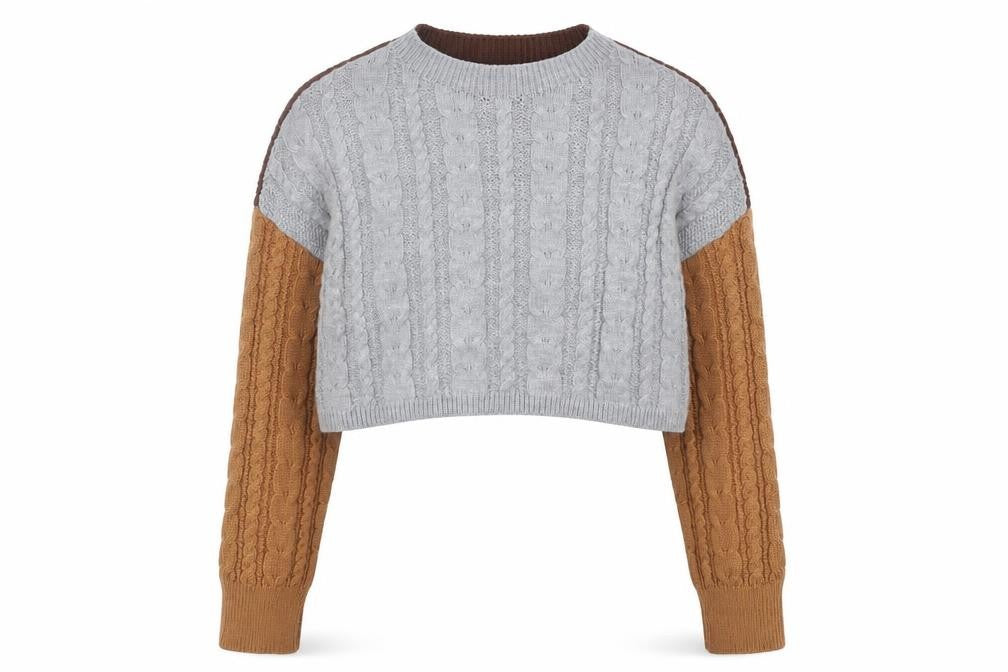 Stradivarius Women's Grey and Brown Cable-Knit Jumper