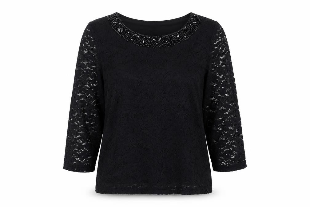 Roman Women's Black Lace Top with Beaded Neckline