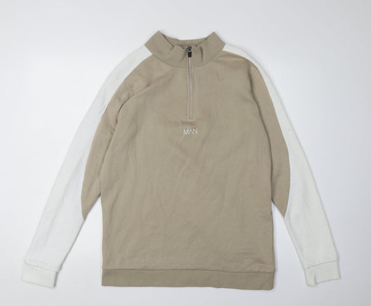 BoohooMAN Beige Sweatshirt, Men's L, Logo Zip Design