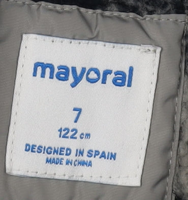 Brand and care label for Mayoral Grey boys’ parka jacket hooded winter 7 years