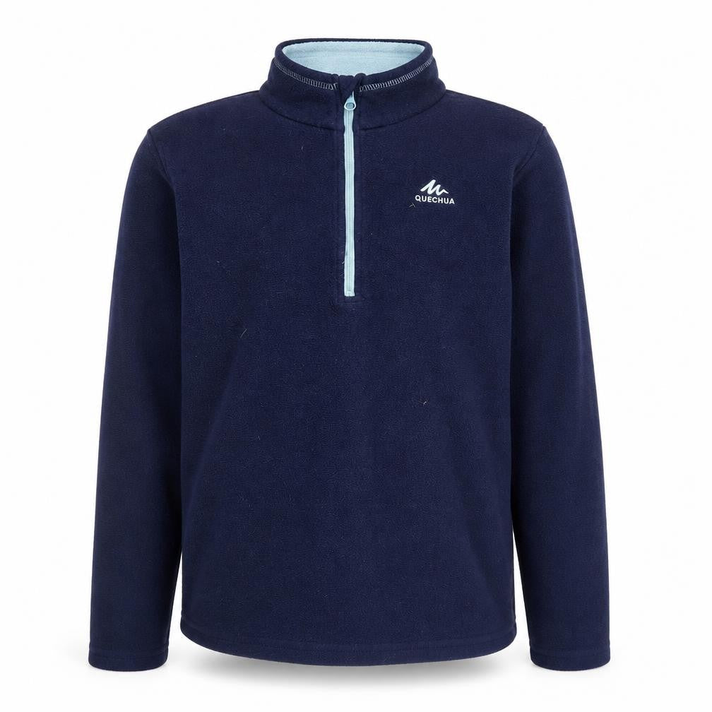 Front view of Quechua boys’ fleece sweatshirt blue 12-13 years 1/4 zip