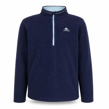 Front view of Quechua boys’ fleece sweatshirt blue 12-13 years 1/4 zip