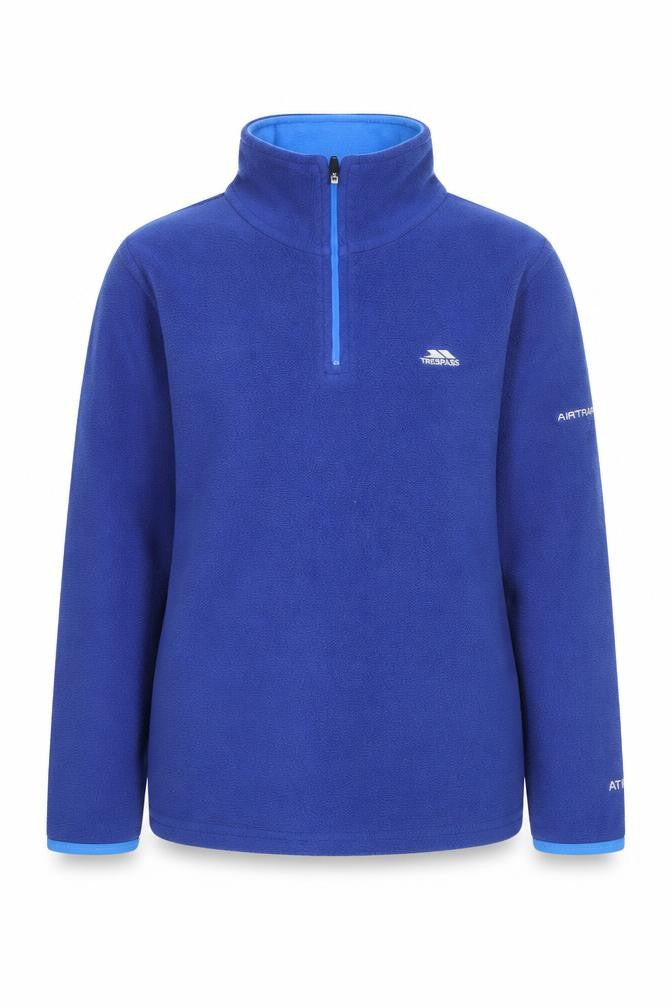 Front view of Trespass boys’ blue fleece 1/4 zip sweatshirt, 9-10 years