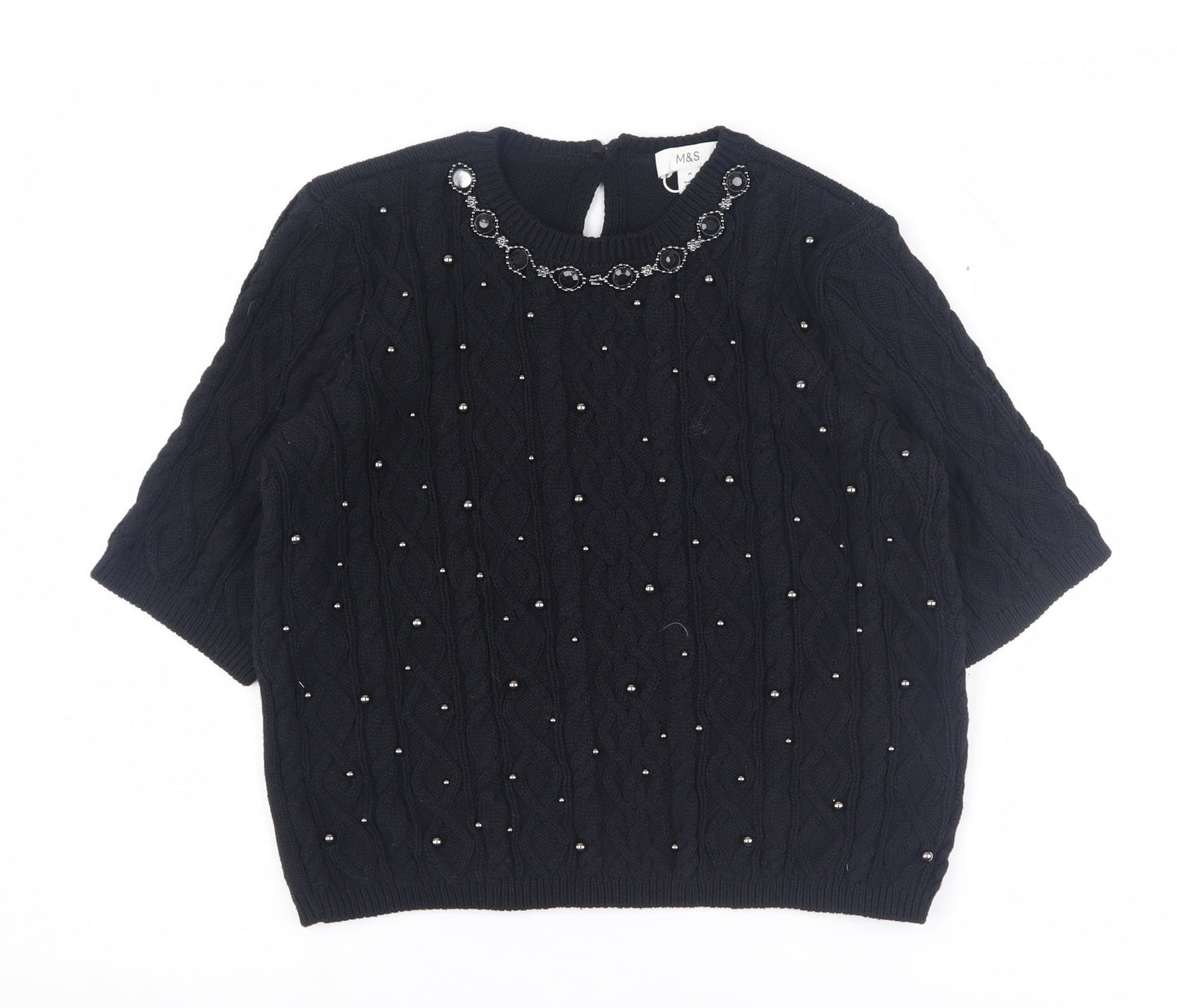 Marks and Spencer Women's Black Beaded Cable-Knit Jumper M