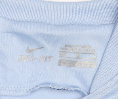 Close-up detail of Nike boys’ blue football jersey 14 years