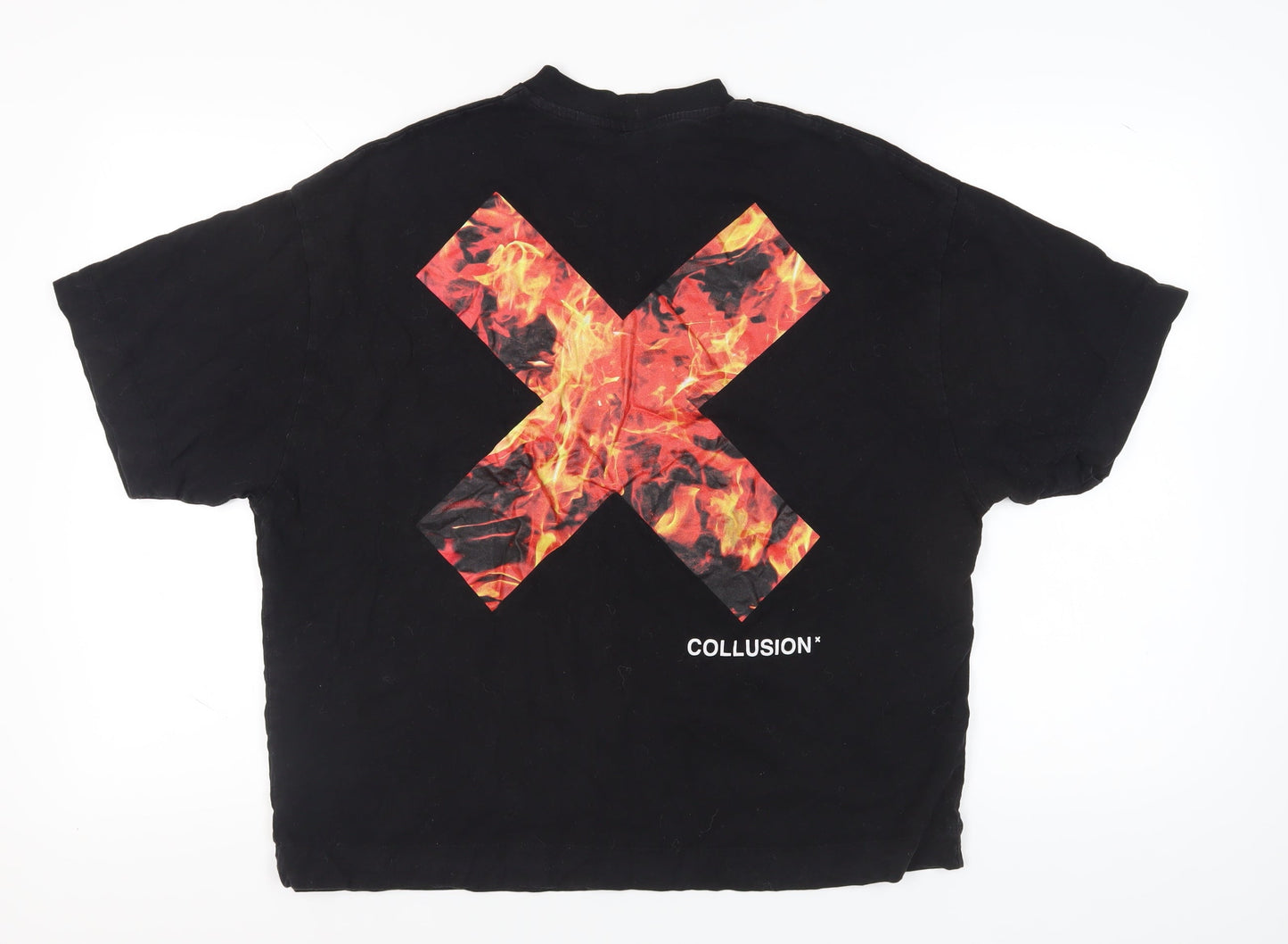 Collusion Unisex Black Relaxed T-Shirt S, Fire Design