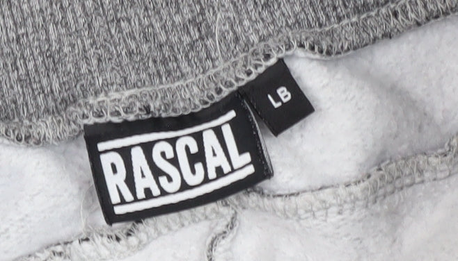 Brand and care label for Rascal boys’ grey jogger trousers, size L, elastic waist