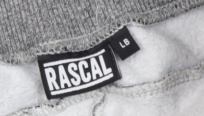 Brand and care label for Rascal boys’ grey jogger trousers, size L, elastic waist