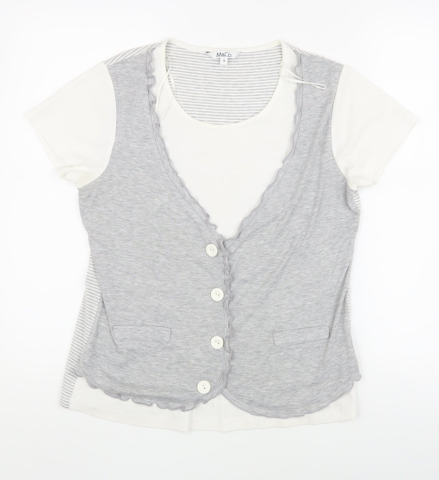 M&Co Women's Grey Striped V-Neck Top - M