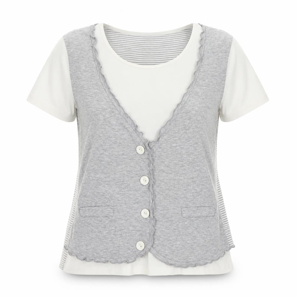 M&Co Women's Grey Striped V-Neck Top - M