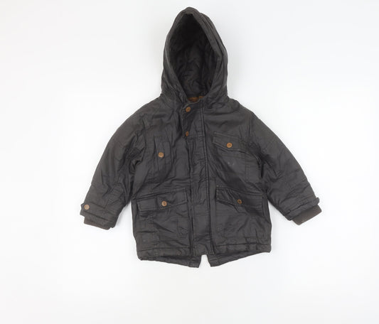 Next Boys Black Parka Coat 2 Years Hooded Mid-Length Autumn