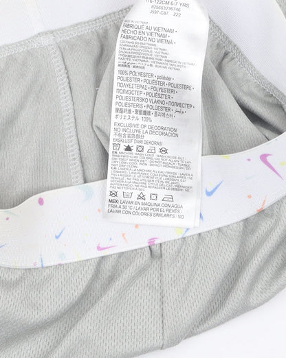 Brand and care label for Nike girls’ athletic grey shorts -, size 6-7, years