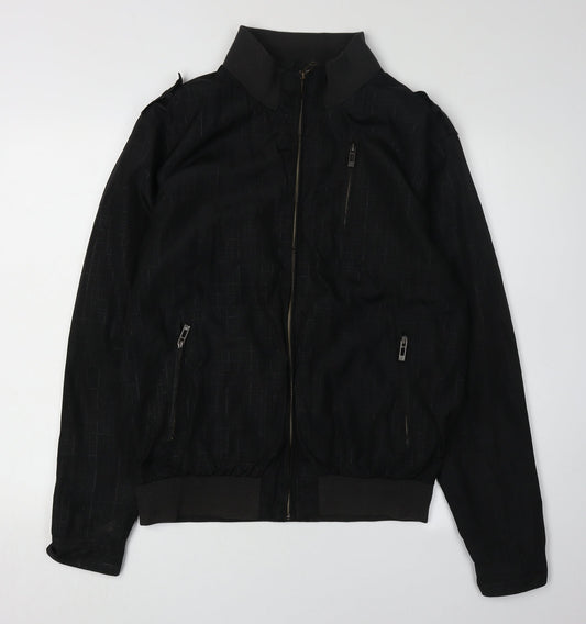Smog Men's Black Bomber Jacket, Size L, Geometric Pattern