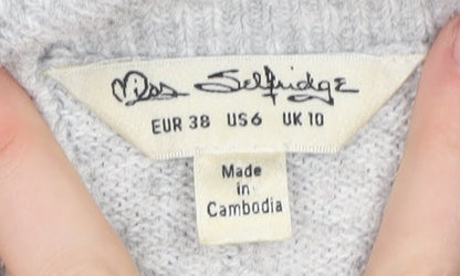 Brand and care label for Miss Selfridge Women's Grey High Neck Jumper, size 10