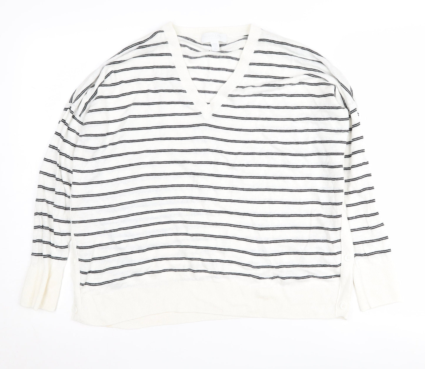 White Label Women's White Striped V-Neck Pullover Jumper Size 16