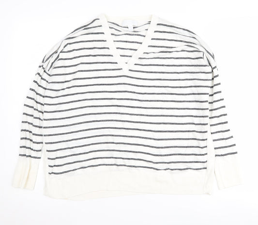 White Label Women's White Striped V-Neck Pullover Jumper Size 16
