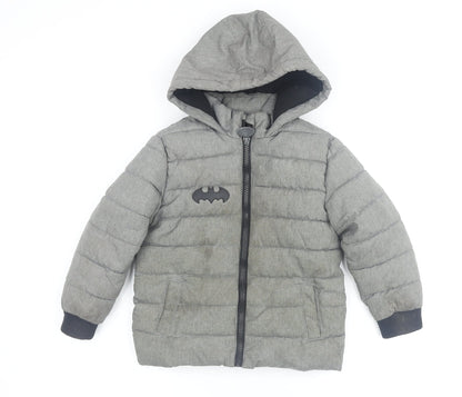Front view of boys’ grey batman puffer jacket 3-4 years hooded winter