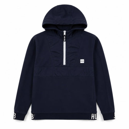 Front view of BOSS boys’ blue pullover hoodie 12 years logo style