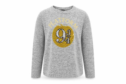 Front view of Harry Potter girls’ grey sequin long sleeve pullover top 9-10 years