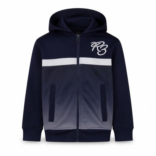 Front view of Evo boys’ blue full zip hoodie 2xs with logo accents