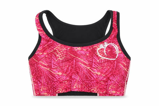Front view of Regatta Women's Pink Sports Bra, size 10-12, Geometric, Racerback