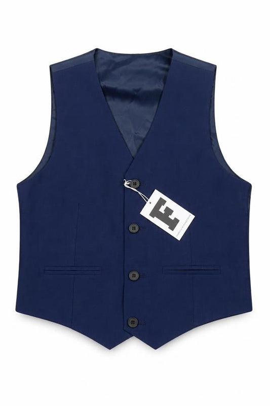 Front view of French Connection boys’ blue waistcoat, 9 years, formal style