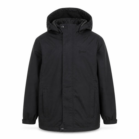 Front view of Hi Gear boys’ black parka jacket 9-10 years waterproof hooded