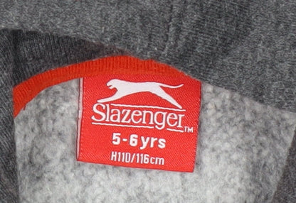 Brand and care label for Slazenger boys’ grey orange pullover hoodie 5-6 years