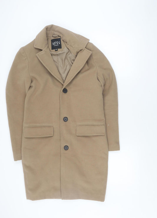 boohooMAN Men Beige Mid-Length Overcoat XS