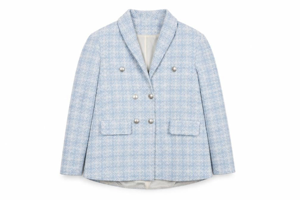 BERAT Women's Blue Bouclé Double-Breasted Blazer Size 12