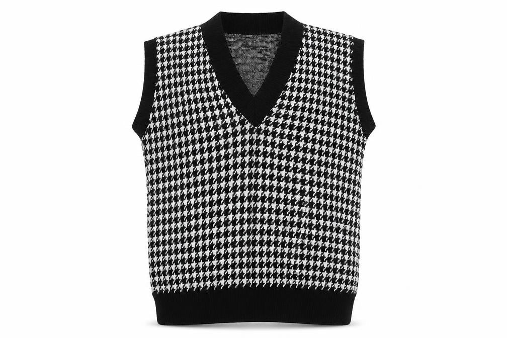 NAANAA Women's Black Houndstooth V-Neck Vest, M/L