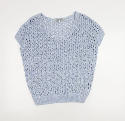 Additional front view of Mantaray Women's Blue Cropped Knit Blouse, size 12