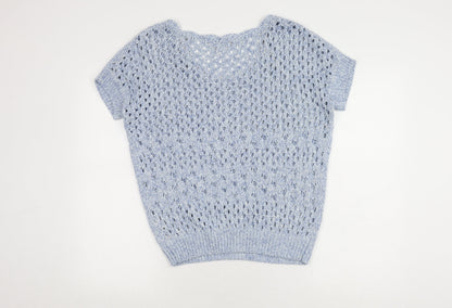 Back view of Mantaray Women's Blue Cropped Knit Blouse, size 12