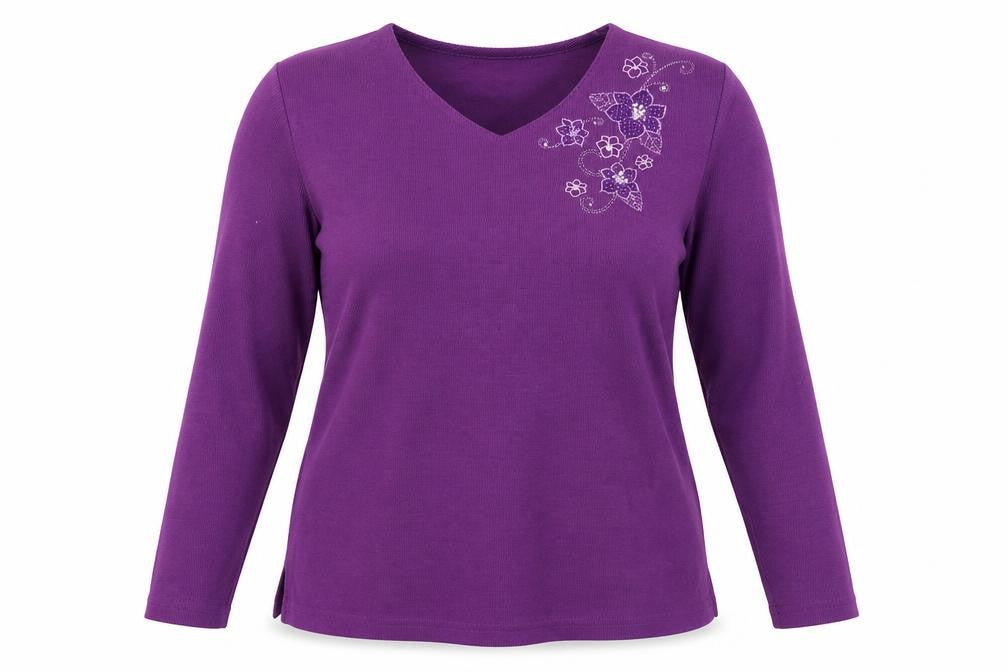 EWM Women's Purple Long Sleeve V-Neck Top M
