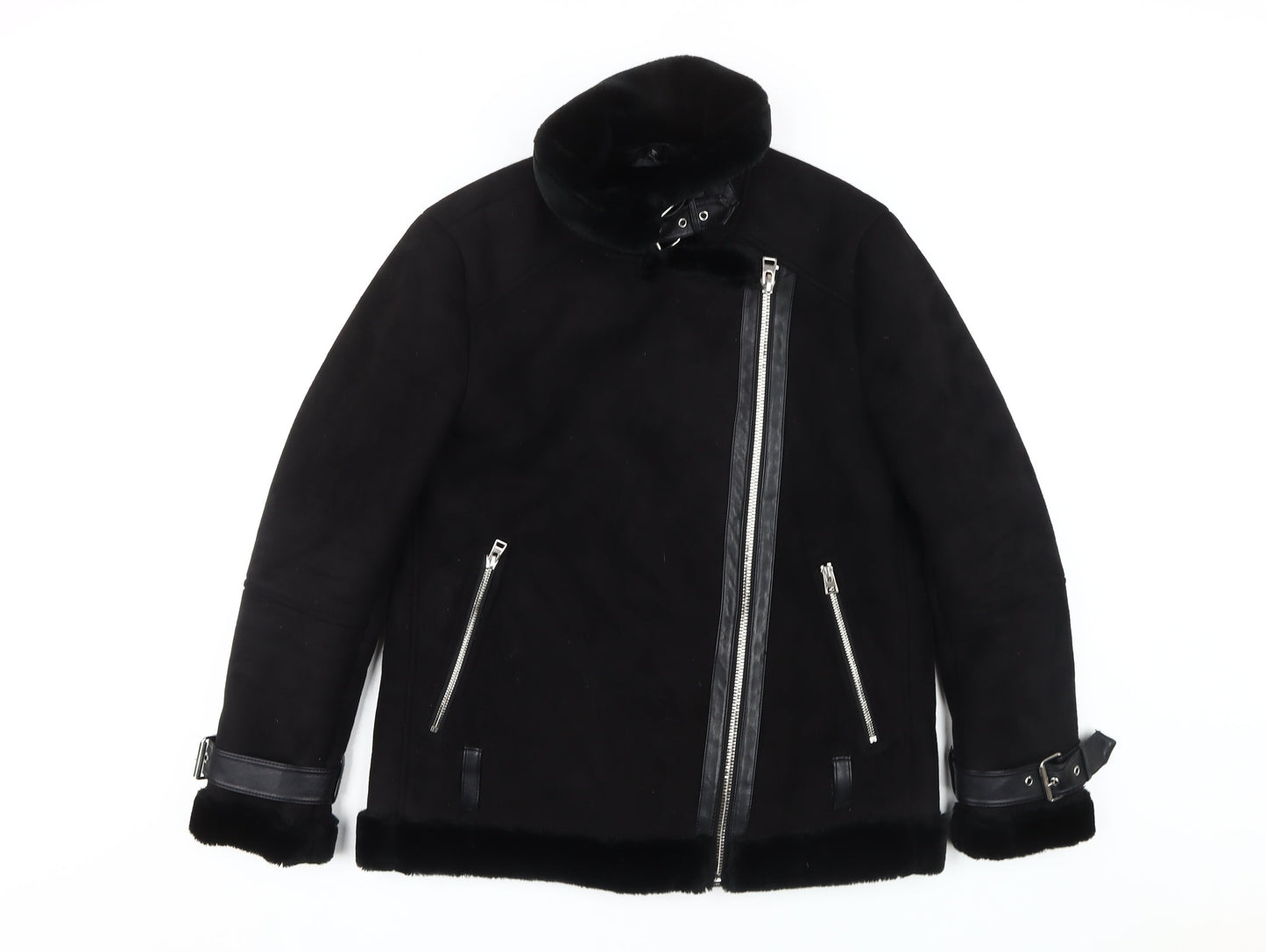 Topshop Women's Black Biker Jacket with Buckles, Size 10