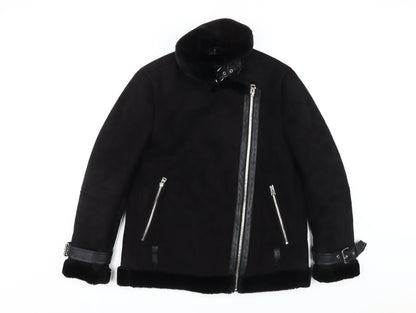Topshop Women's Black Biker Jacket with Buckles, Size 10