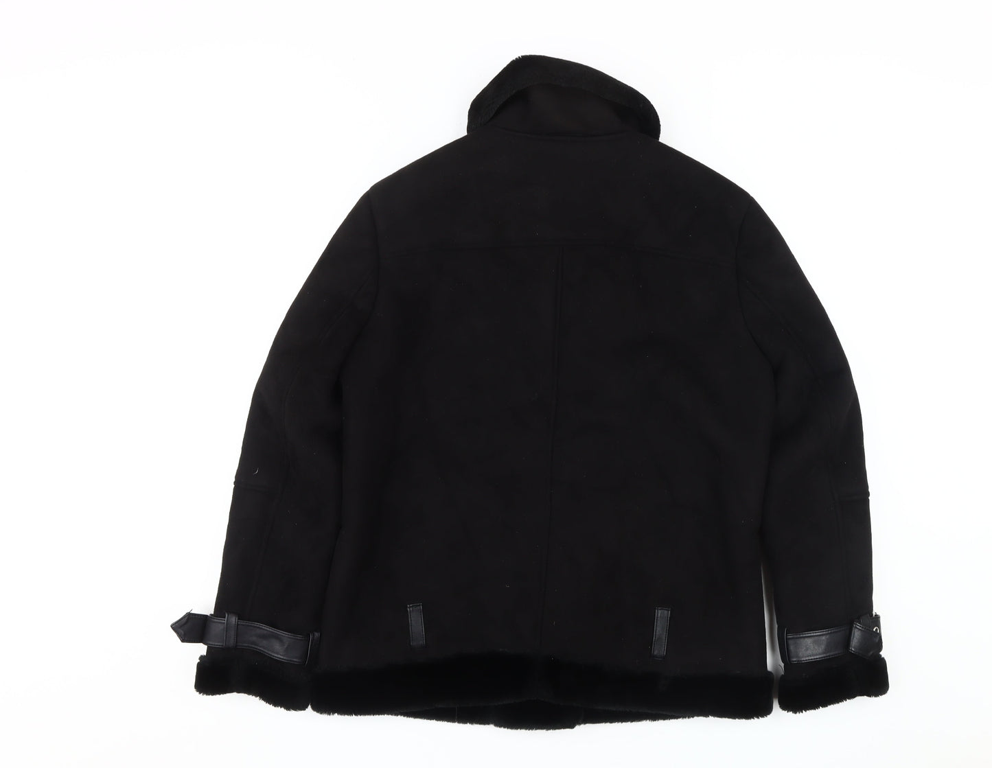 Topshop Women's Black Biker Jacket with Buckles, Size 10