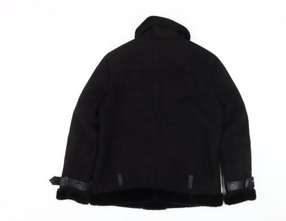 Topshop Women's Black Biker Jacket with Buckles, Size 10