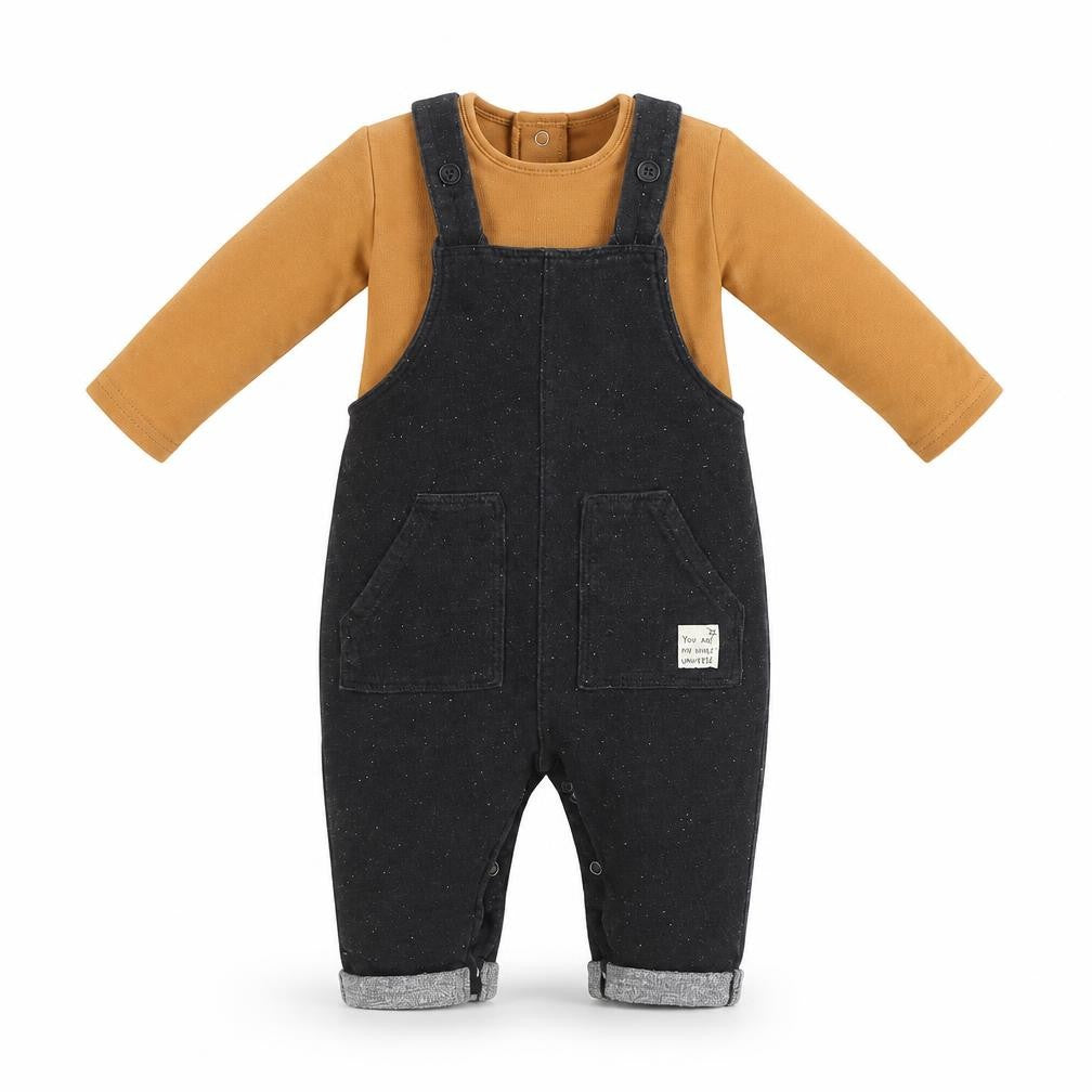 mamas & papas Unisex Dungaree Set, 6-9 Months, Black/Brown