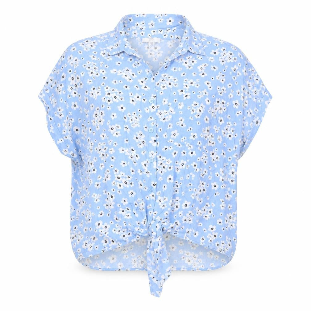 M&Co Women's Blue Petite Button-Up Floral Top