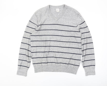 Gap Men's Grey Striped V-Neck Pullover Jumper M