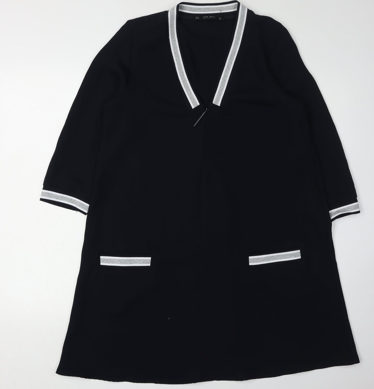 Zara Women Black 3/4 Sleeve V-Neck Dress M