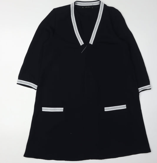 Zara Women Black 3/4 Sleeve V-Neck Dress M
