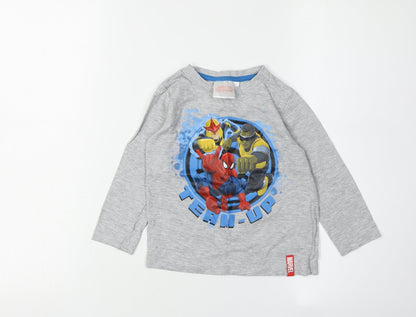 Front view of Spider-Man boys’ long sleeve grey t-shirt 3 years