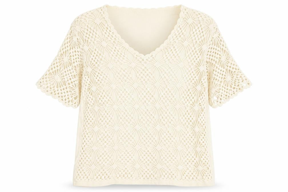 Damart Women's Ivory Crochet Pullover, Size 24, V-Neck