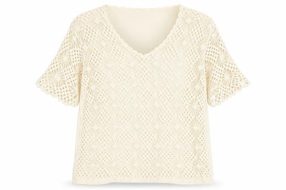 Damart Women's Ivory Crochet Pullover, Size 24, V-Neck