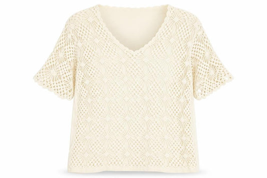 Damart Women's Ivory Crochet Pullover, Size 24, V-Neck